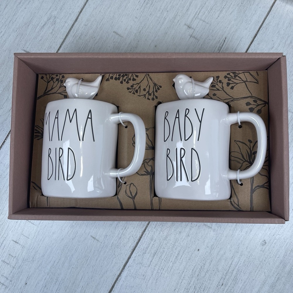 RAE DUNN COFFEE MUG SET MAMA BIRD BABY BIRD CHARM GIFT BOX‎